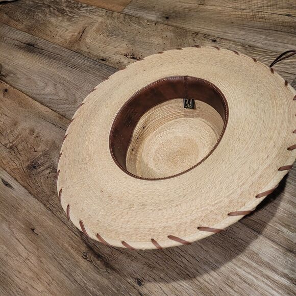Red Star Riggings Palm Leaf Straw Hat Sz 7-1/8 Brown Leather Band Star Western - Picture 3 of 13